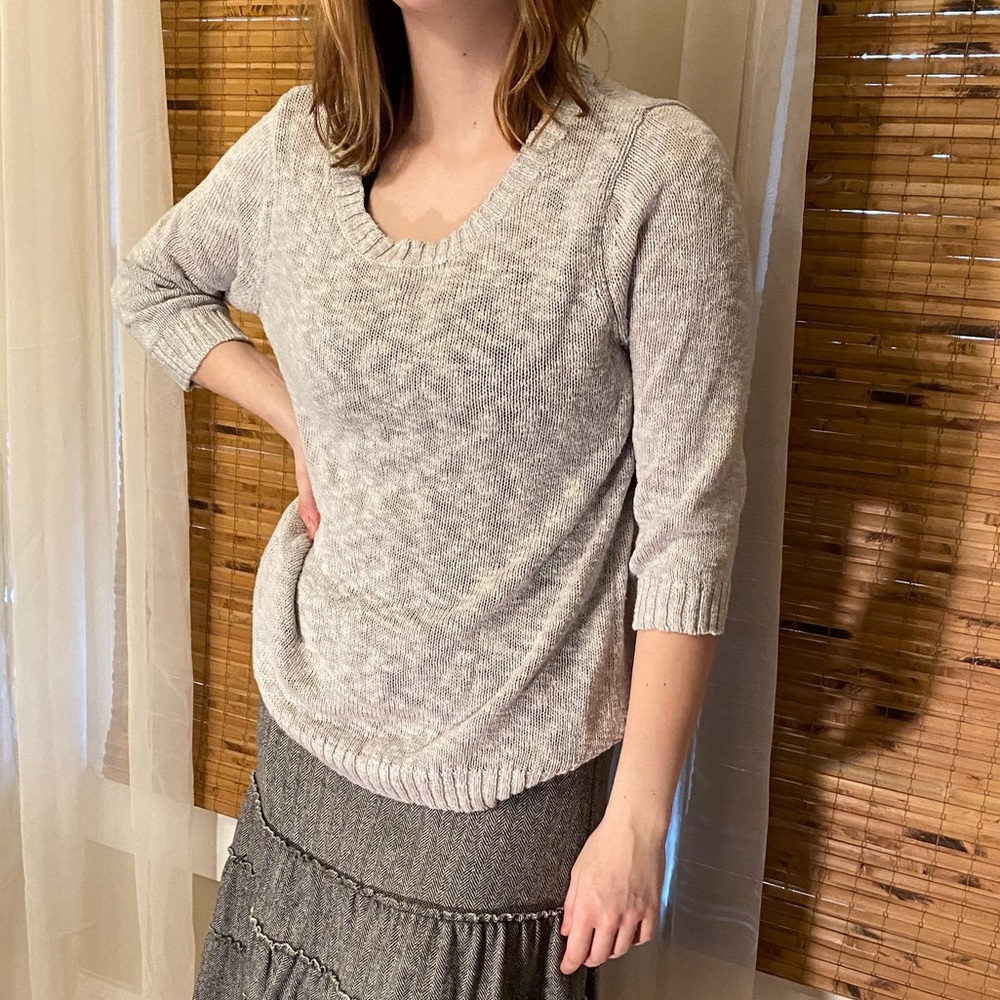 cotton light gray 3/4 sweater semi sheer long scoop neck